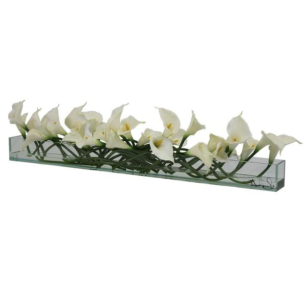 callas blancas macetero de plato de vidrio