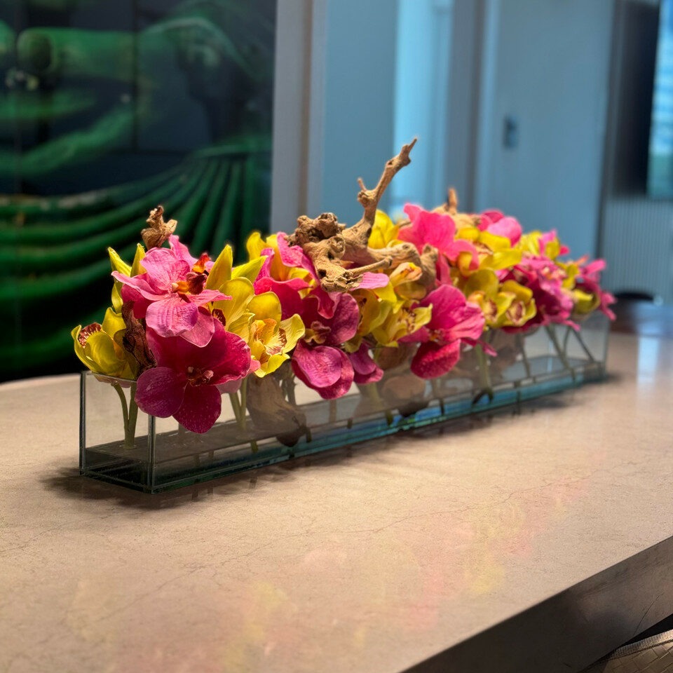 Rosa Vandas y Grün Cymbidiums en el Casa Moderna vidrio macetero