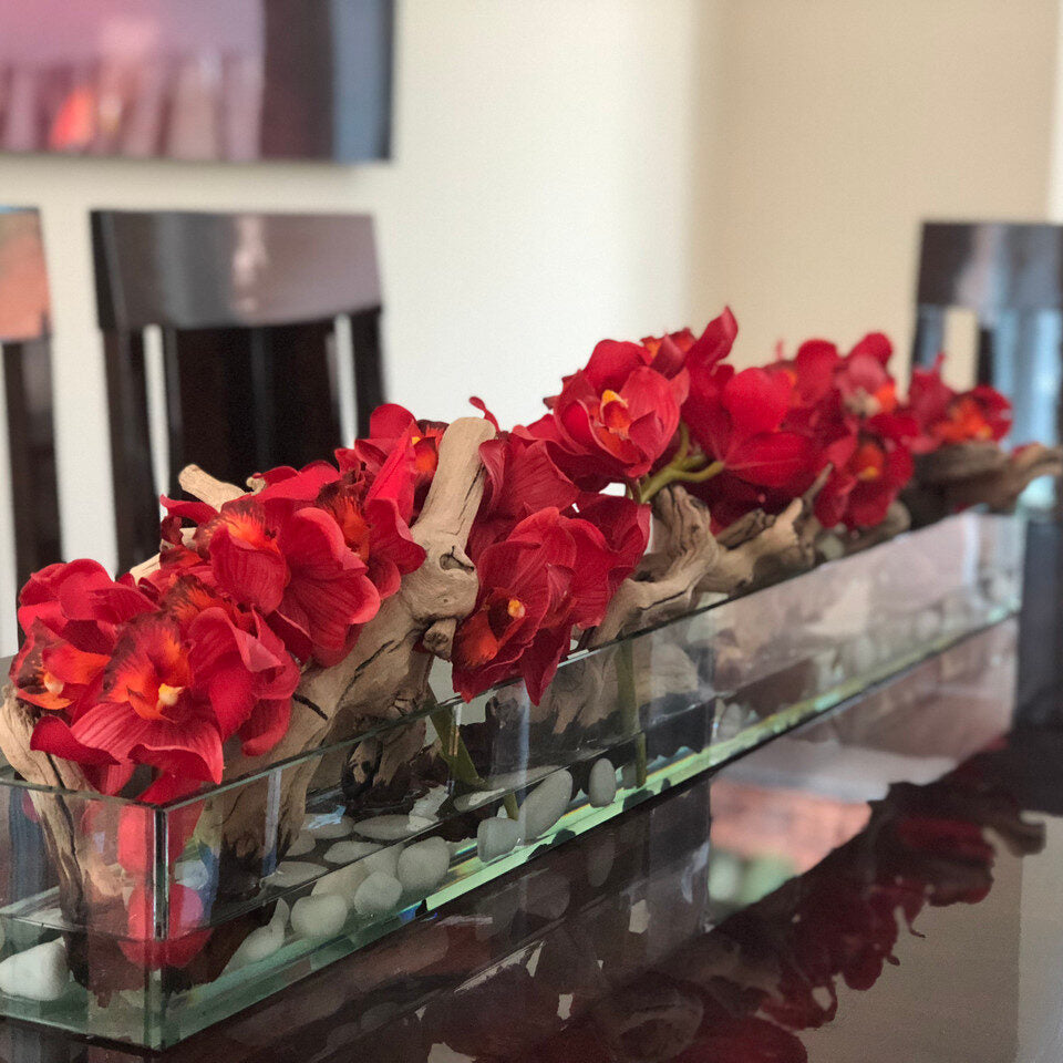 rojo Cymbidiums · aprox. 48 cm en el 48″ Casa Moderna macetero de plato de vidrio · aprox. 48 cm