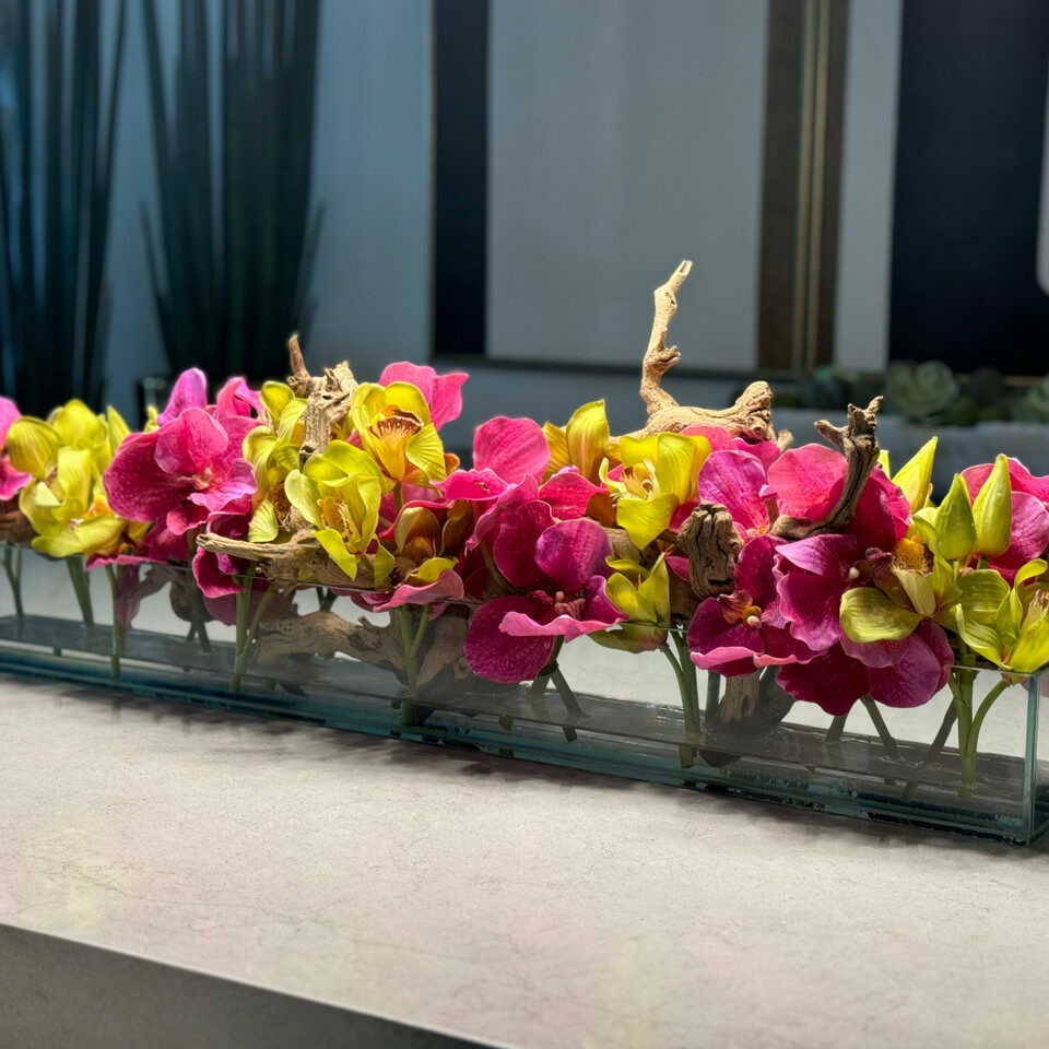 Rosa Vandas y Grün Cymbidiums en el Casa Moderna vidrio macetero