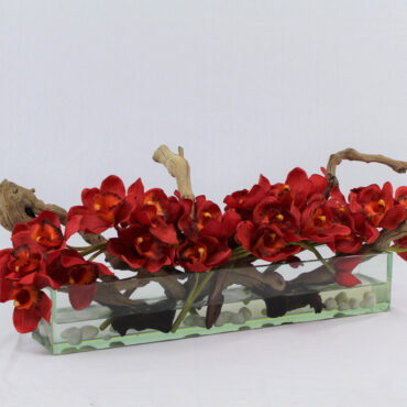 rojo Cymbidiums · aprox. 24 cm en el 24″ Casa Moderna macetero de plato de vidrio · aprox. 24 cm