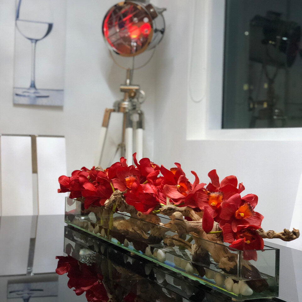 rojo Cymbidiums · aprox. 48 cm en el 48″ Casa Moderna macetero de plato de vidrio · aprox. 48 cm