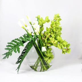 Cymbidiums y callas verdes en el jarrón Moon