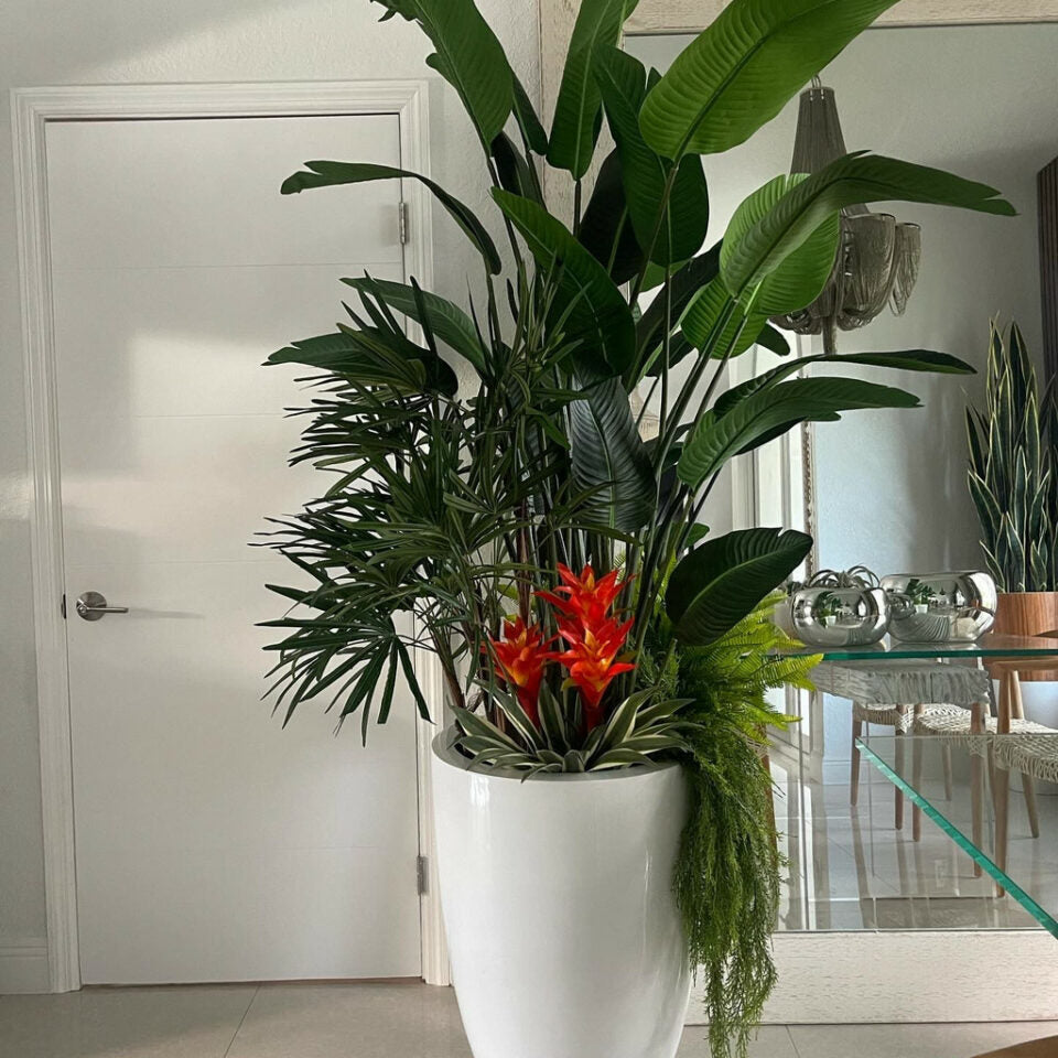 Plantas Tropical Mix en blanco brillante Brannan y macetero